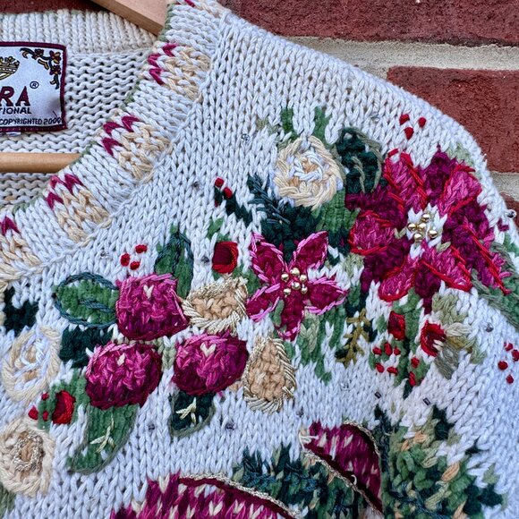 VTG Tiara International Xmas Cardigan Sweater Cream Print Embroidered Xmas Trees - Picture 2 of 9